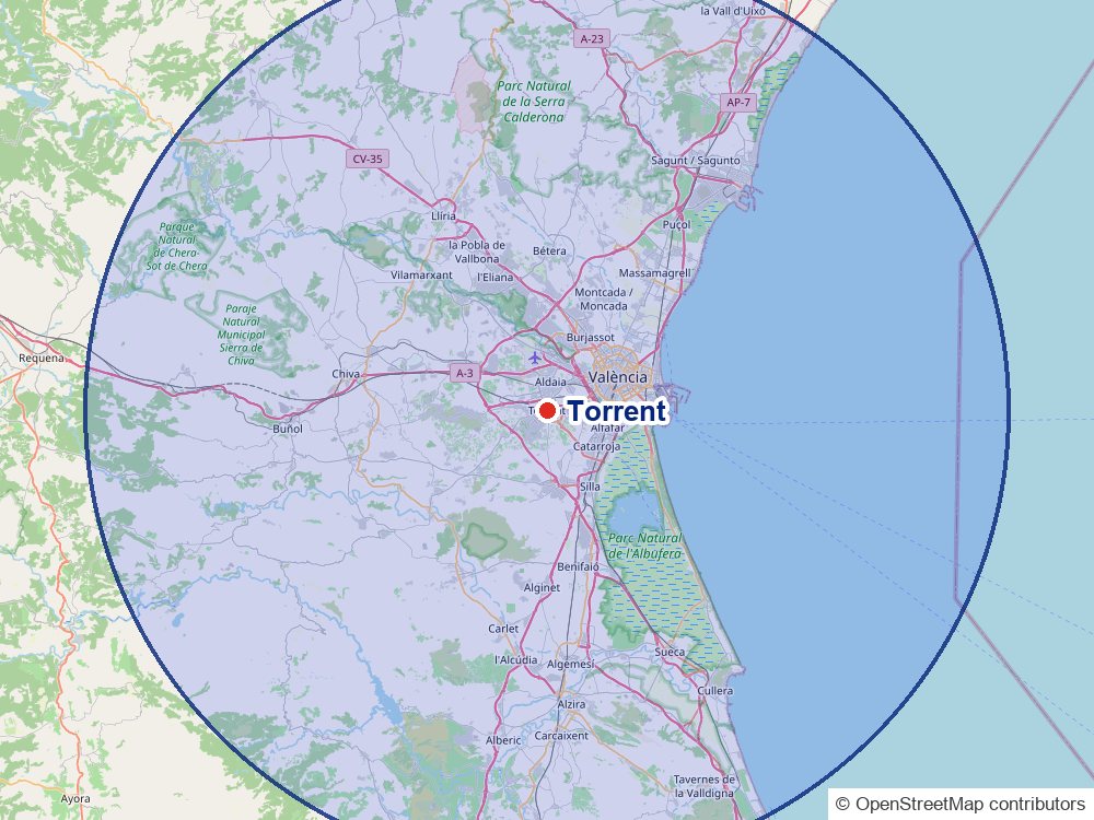 Mapa de la zona de actuación: Torrent, Valencia y 50 km alrededor